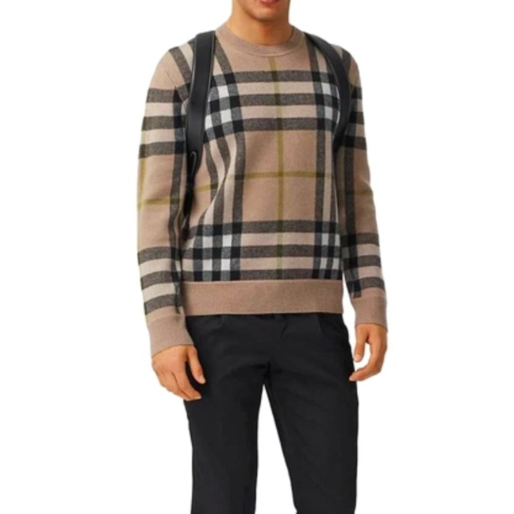 Burberry Men Nixon Check Jacquard Cashmere Sweater Soft Fawn Beige Tan Sz XL NWT